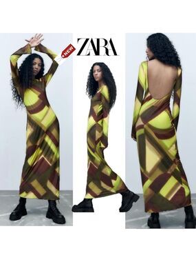 Zara lime green burgundy Open Back Maxi Dress multicolor abstract print XL NWT